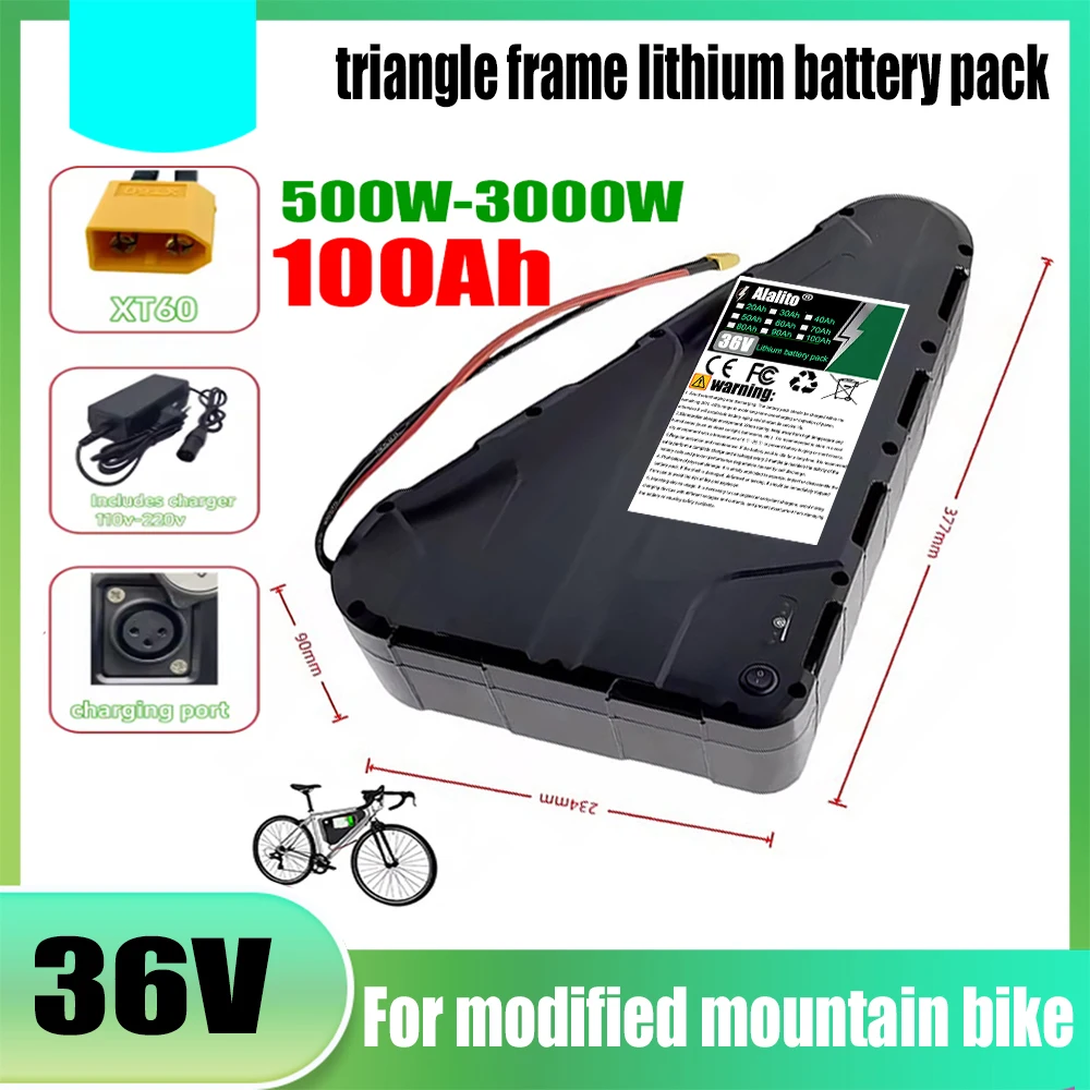 Air transportation, with BMS triangular pack battery 36V 20AH-100AH large capacity, suitable for mountain bikes, 500W-2000W