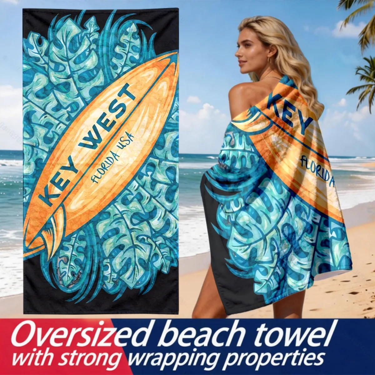Tropical surfboard illustration polyester microfiber beach towel is highly absorbent, suitable for swimming and beach outings