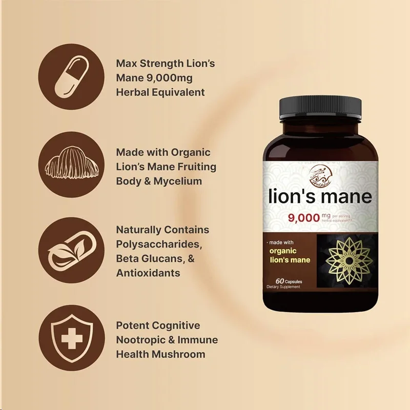 Lion Mane Mushroom Supplemental Capsules 9000mg 60 capsules Cognitive Brain Puzzle and Immune Health Support - Non GMO