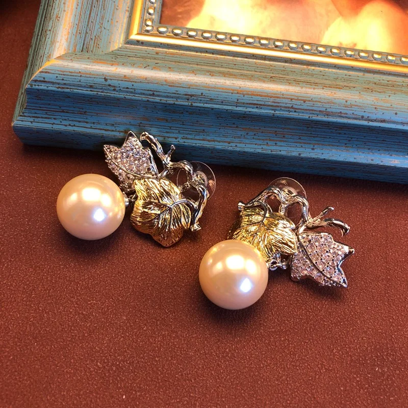 s925 silver needle  earrings  flower pearl stud earrings maple leaf shape versatile jewelry earrings temperament