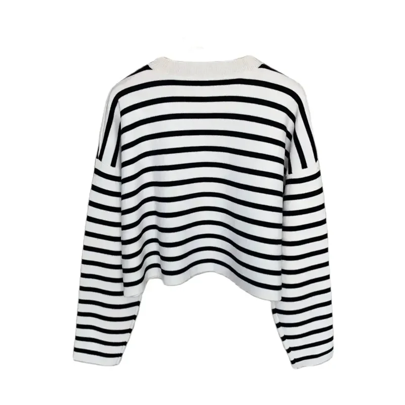 New 2024 High Quality Women Sweater Wool Striped Cropped Pullover 3D Relief Jacquard O-Neck Sweet Chic Stunning Fashionable LW