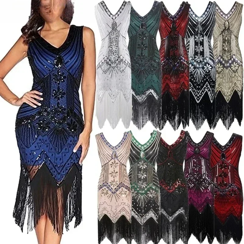 Gatsby Jurk Pailletten Flapper Mouwloze Vrouwen Vintage Jurk Retro Jaren 1920 Geweldige Dansfeest Prom Kwastje Zoom Jurk