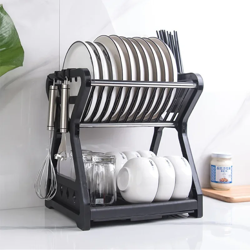 2021 New Double-layer Kitchen Dish Bowl Draining Storage Rack with Chopstick Cage Household Tableware Organizer Tray Box Basket