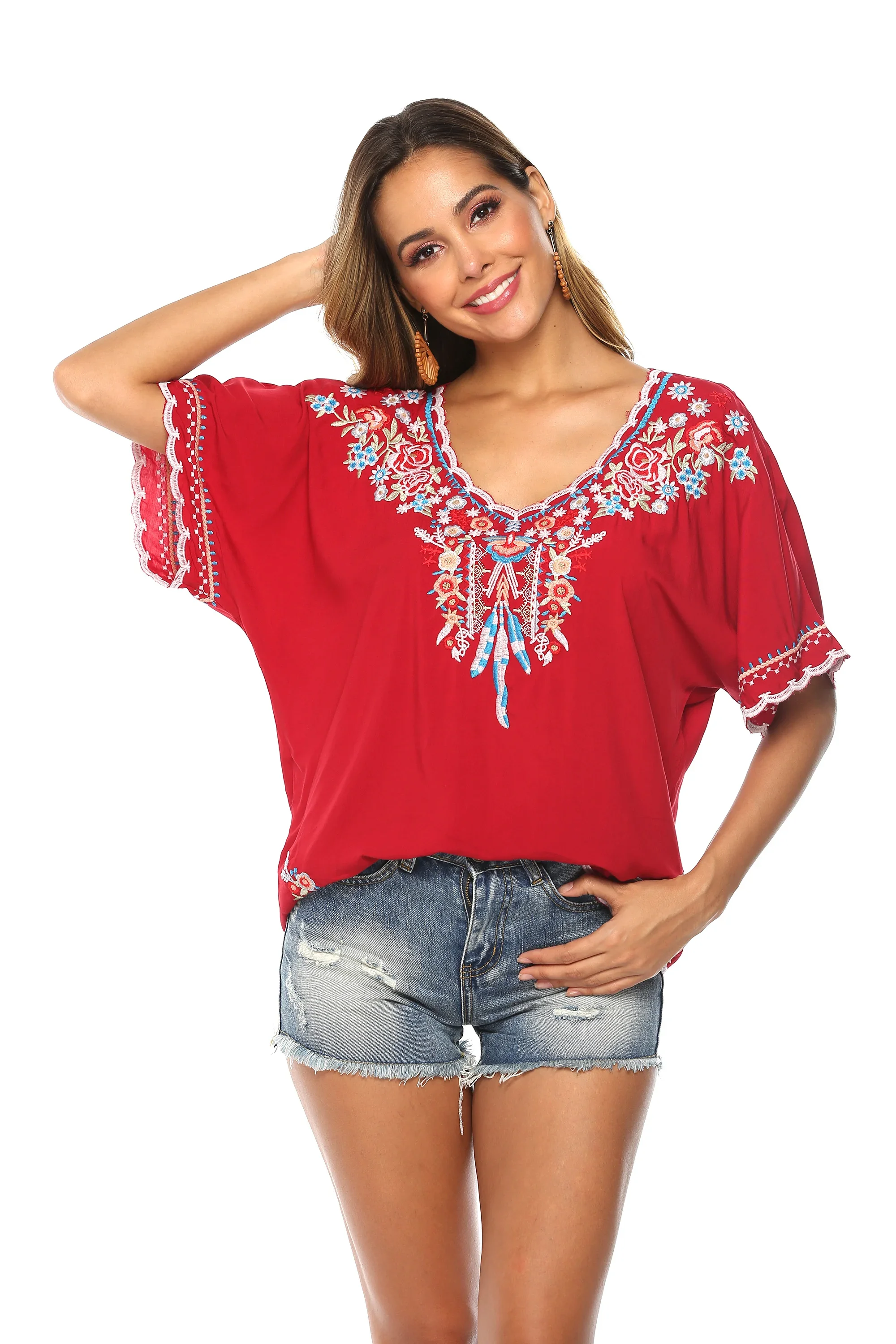 Eaeovni  Bohemian Floral Embroidered Tops For Women Mexican Style Shirts Womens V Neck Boho Summer Peasant Tunics Blouses