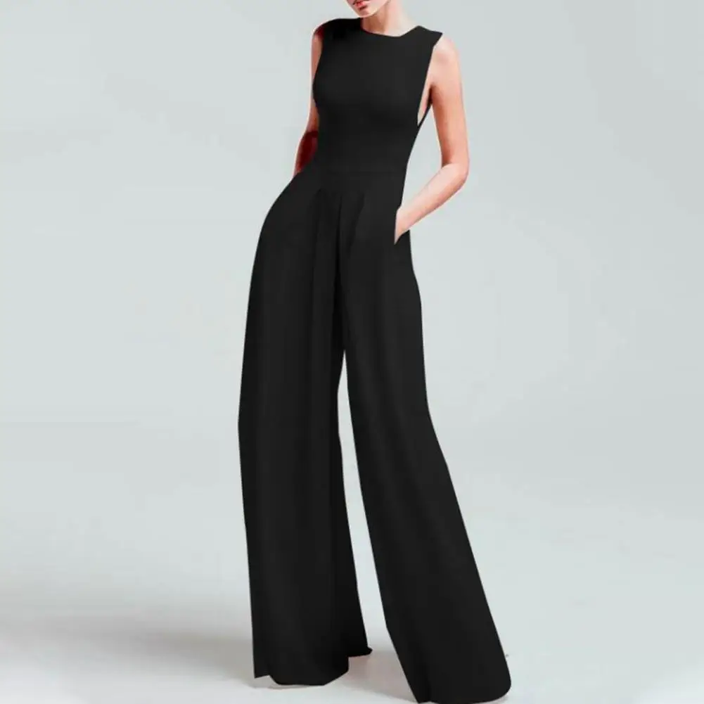 

Women Jumpsuit Elegant Wide Leg Jumpsuit with High Waist Pockets for Women Formal Ol Commute Style Summer Outfit Soft Fabric