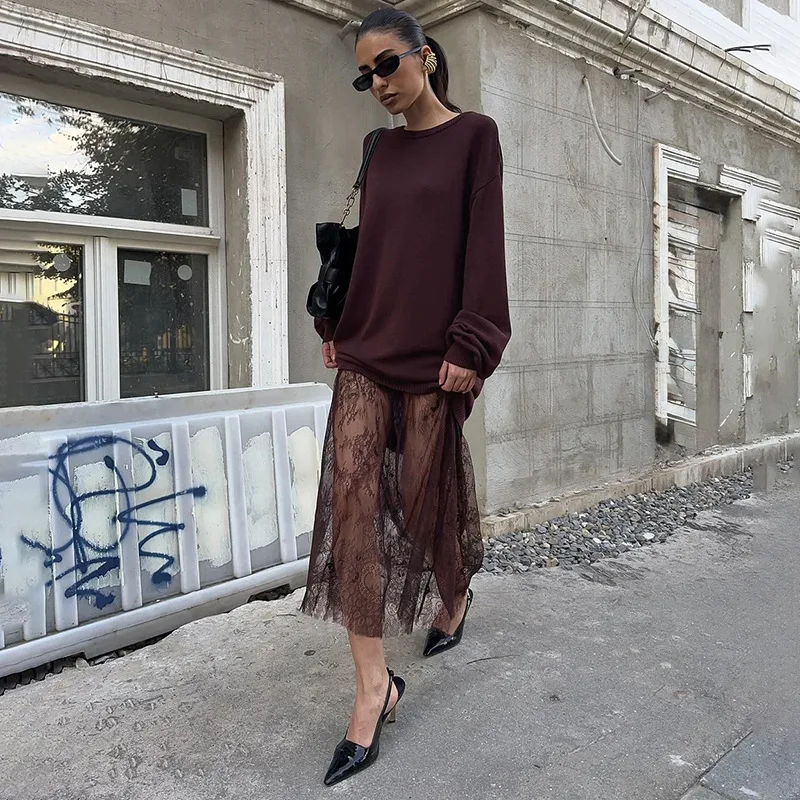 

Tornova Casual Hoodie Lace Skirt Two Piece Sets Women's Loose O neck Top Sexy See Through Skirts Fashion Office Lady Dress Sets