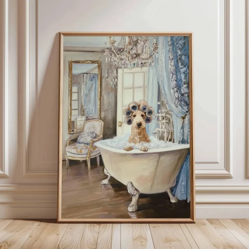 French Dog Art Print, Funny Poodle in Bath Painting, Quirky Animal Wall Art, Vintage Bathroom Decor Gallery Wall, Dog Lover G