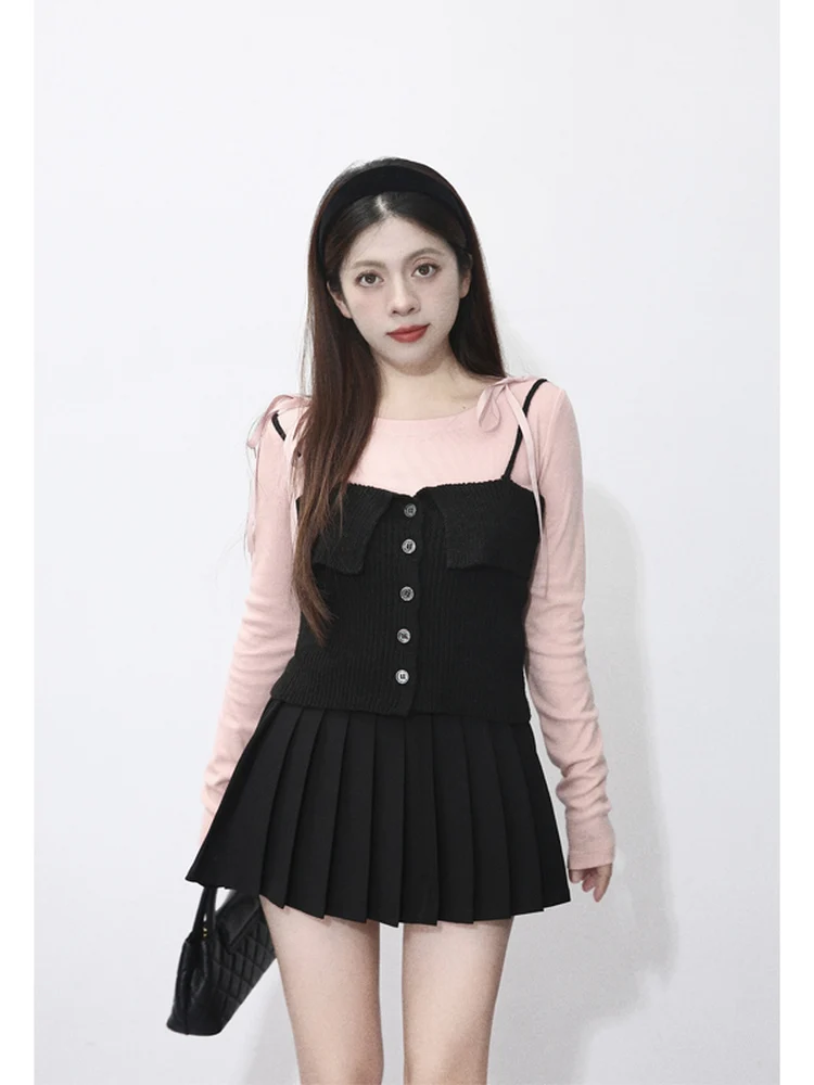 Sweet Sister Ballet Tie Elastic Long Sve Two-Piece Set Gentle Sle Cotton Blend Women's Crop Top And Vest Outfit