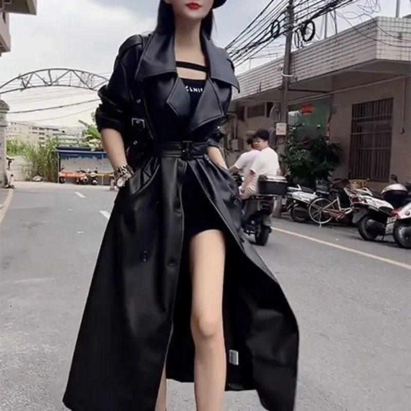 Senior Black Trench Coat Long Retro 2024 New Pu Leather Coat British Temperament Coat Loose and Thick Warm Simple Fashion