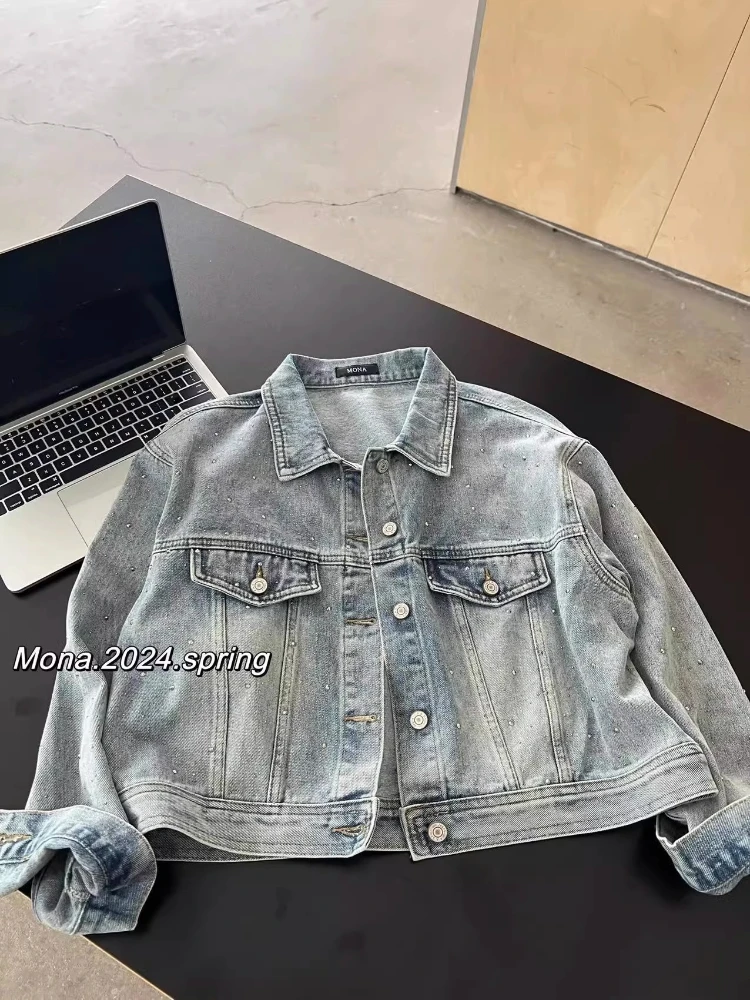 Heavy Work Diamonds Beading Long Sleeve Denim Jacket Women Loose Short Student Cowboy Outerwear Vintage Blue Jeans Jacket Female