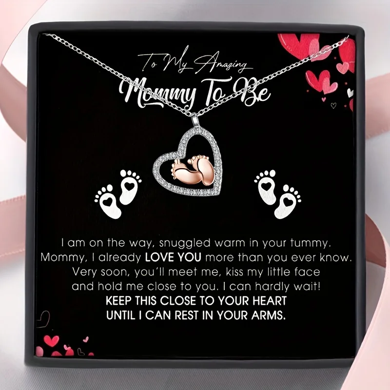 Baby Feet Heart Necklace Suitable for - Pregnancy Announcement Pendant with Gift Box & Card - K Plated, Footprint for Mom-to-Be
