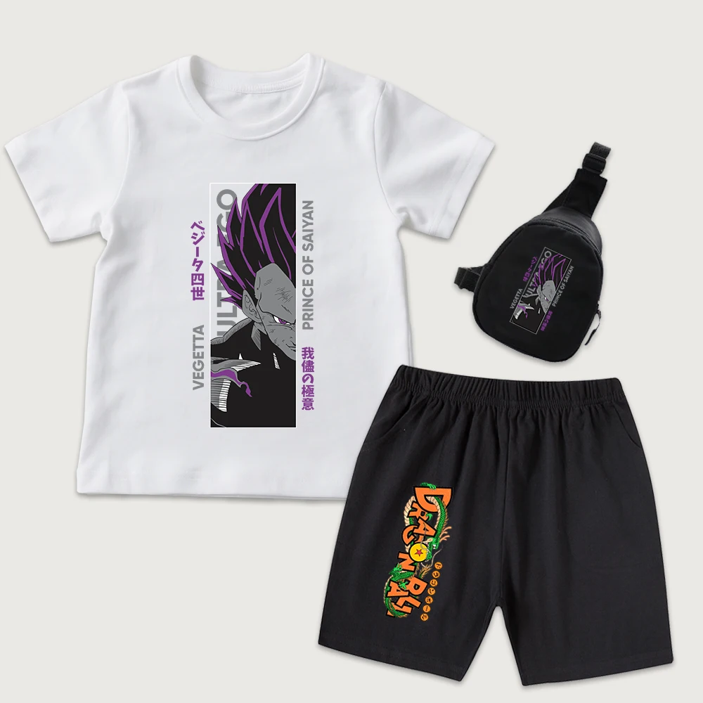 Dbz Vegetta Anime Print Kids Cotton T Shirt and Shorts Set with Mini Chest Bag 3pcs Set for Boys Girls Casual Summer Outfit