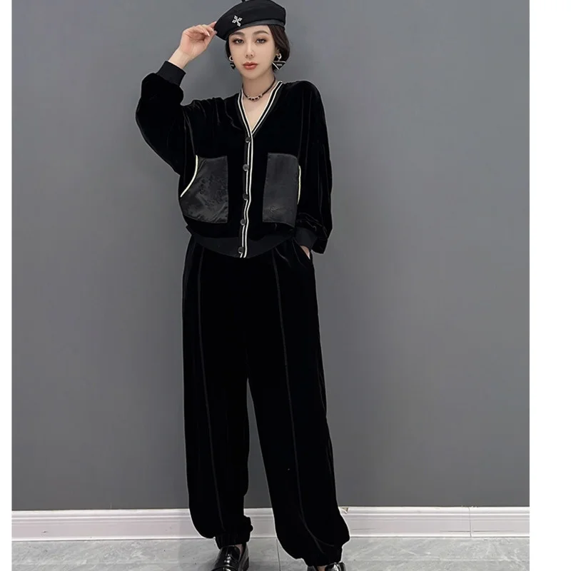 2024 Spring  Autumn Women Pocket Splicing Stripe Single-breasted Coat Suit Elastic Waist Casual Pants Matching Sets LHX1430