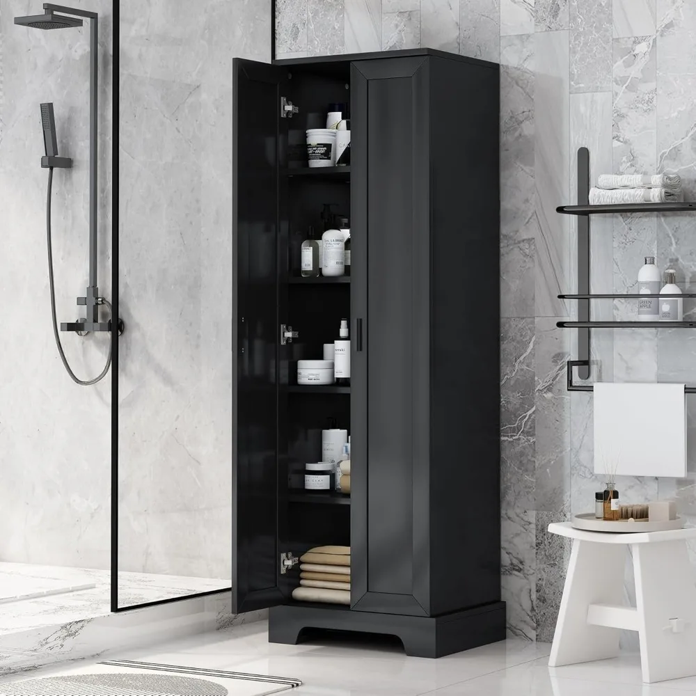 خزانة تخزين طويلة مع بابين، منظم مساحة واسعة لمخزن المطبخ، خزانة كتب، مثالية للاستخدام في الحمام أو المكتب، أسود #4