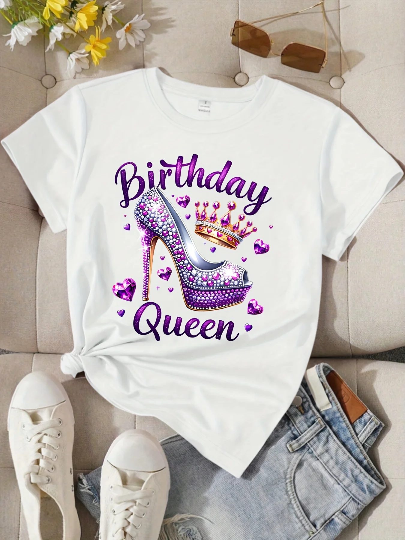 【3625】T-shirt da donna a maniche corte girocollo taglie forti con mezze maniche elastiche e stampe alla moda