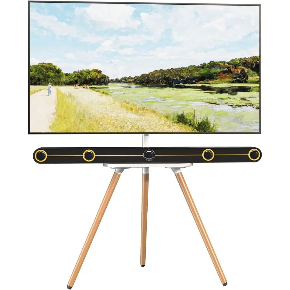 Portable Swivel Tripod TV Stand with Wooden Tray, Height Adjustable, Max Load 77 lbs, Max VESA 400x400 mm, White