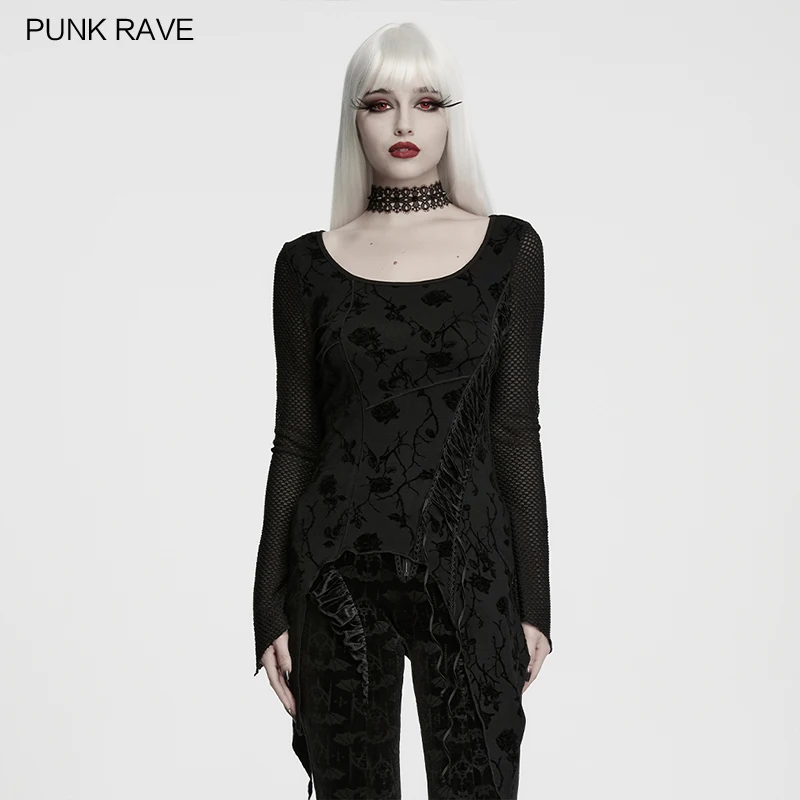 PUNK RAVE Women's Black Flocked Rose Printed & Fish Scale Mesh T-shirt Large Round Neck Asymmetric Hem Long Vintage Gothic Top