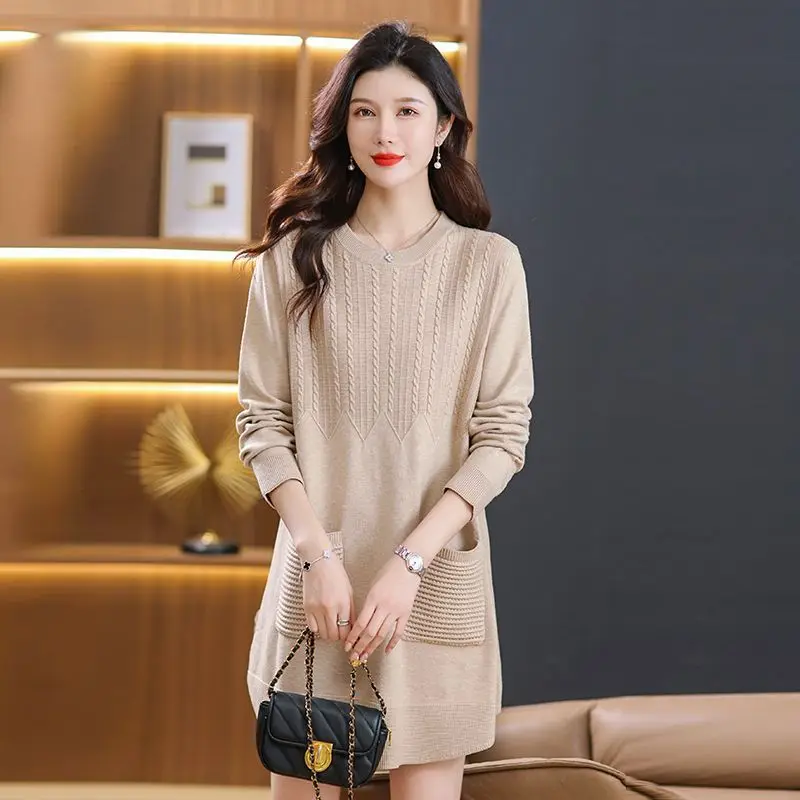 

Длинный свитер, юбки, женские 2026, осень-зима, новая рубашка высокого качества, трикотажная куртка с круглым вырезом, женский пуловер для мамы