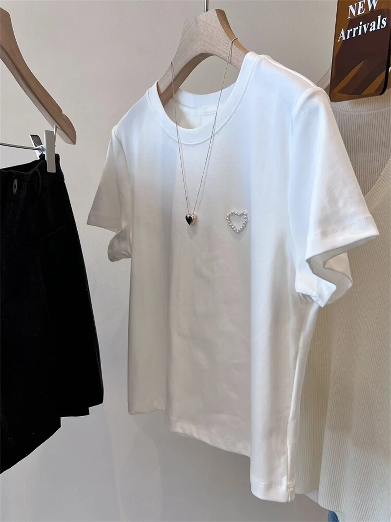 

Sweet And Spicy Short Sleeve round Neck Pearl Heart Slim Fit Women's T-shirt Versatile Top Korean Style Cotton Blend Summer Wear