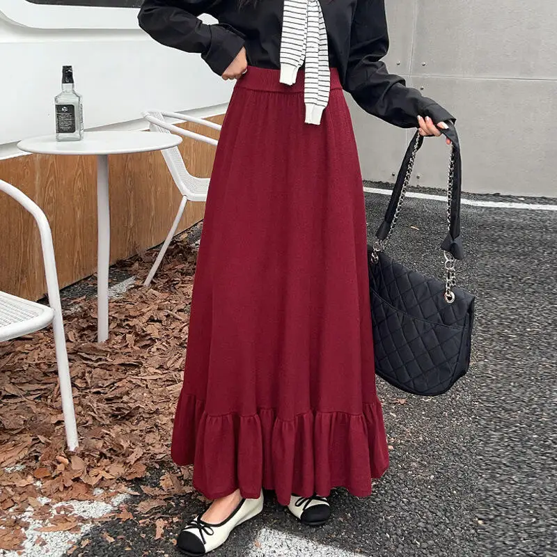 Saia longa de malha feminina outono inverno retro cintura alta versão coreana lazer idade reduzindo borda folha de lótus saia plissada