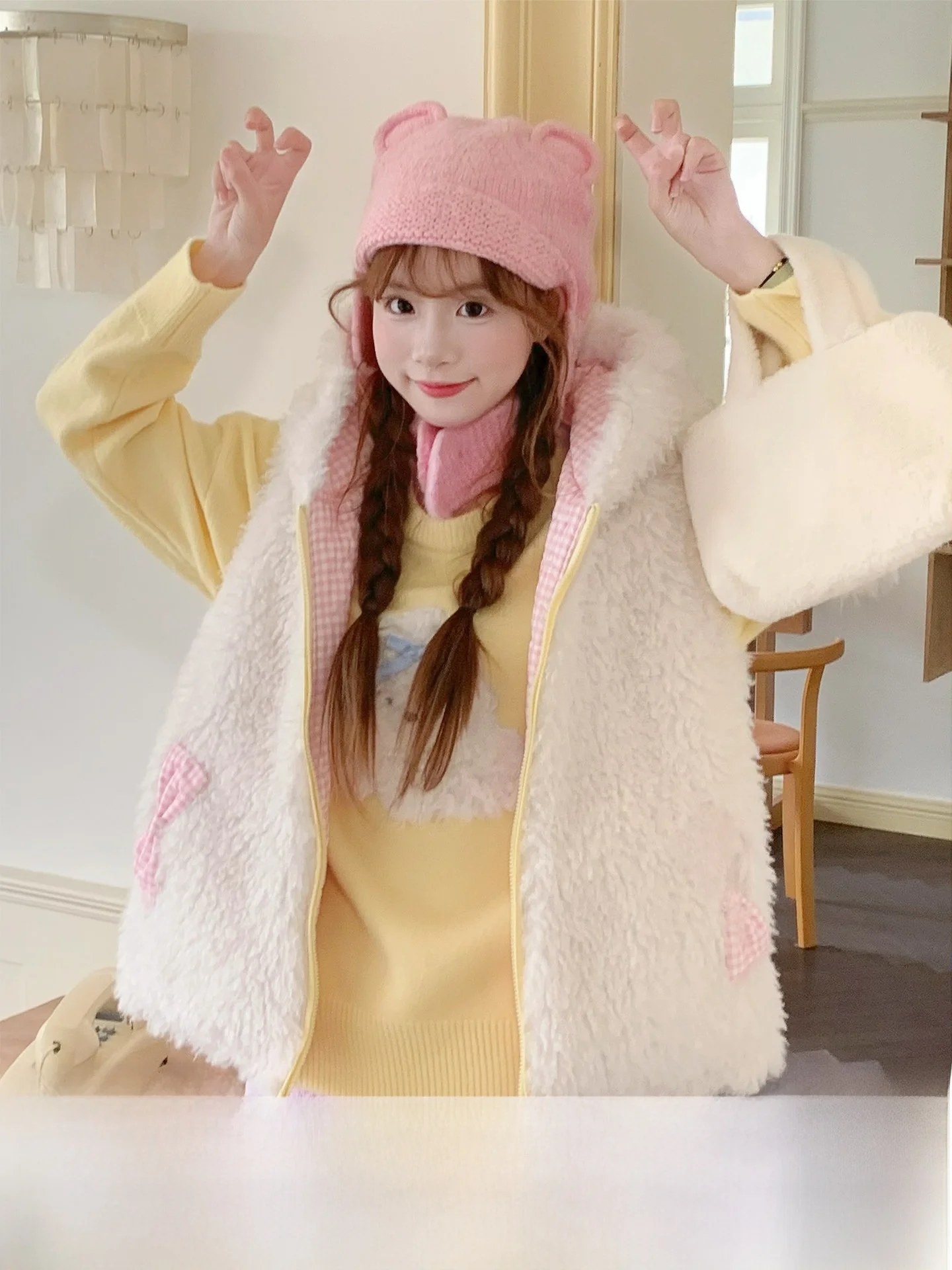 

Пушистый жилет Sinsingirl Honey Pot Little Dog с капюшоном, белый, с мультяшным рисунком собаки, розовые брюки, милый свободный крой, длинный рукав, на молнии