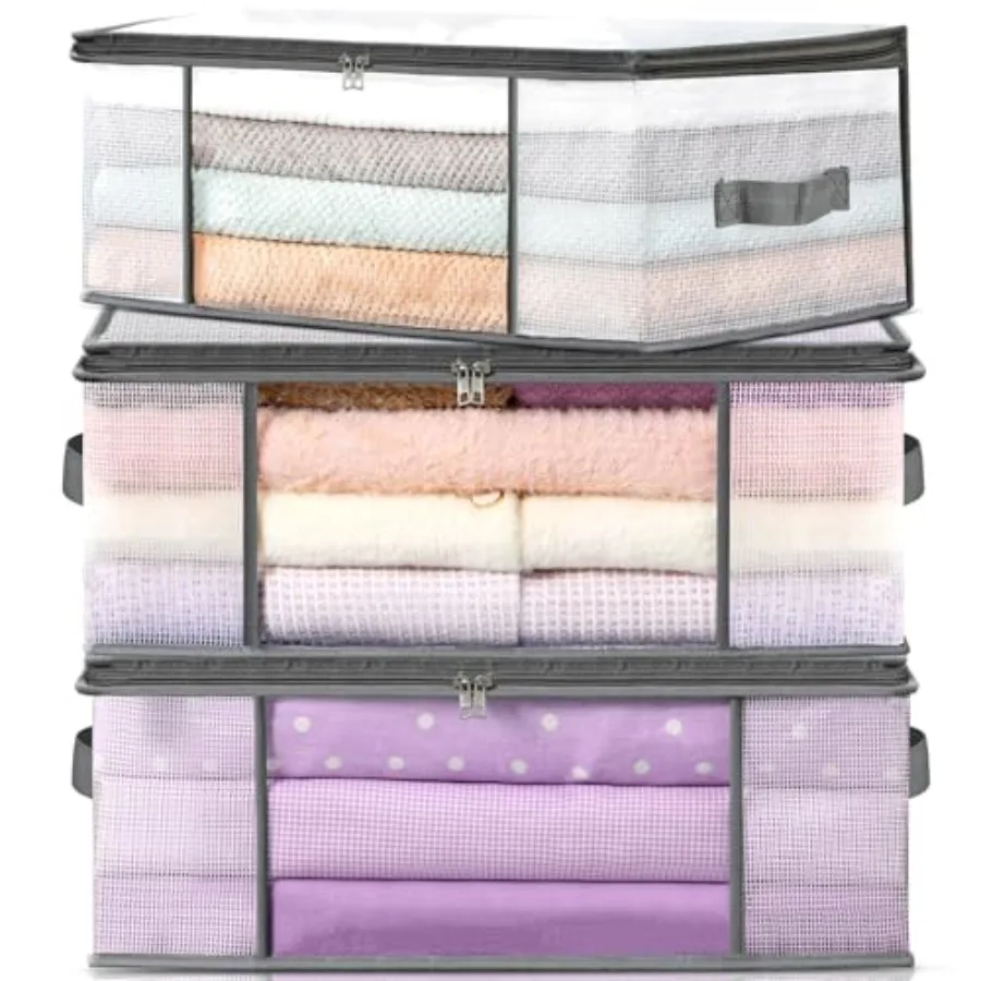 

3Pack Clothes Storage Bags Plastic Foldable Blanket Storage bins Closet Organizer Container for Bedroom Bedding Comforters Pill