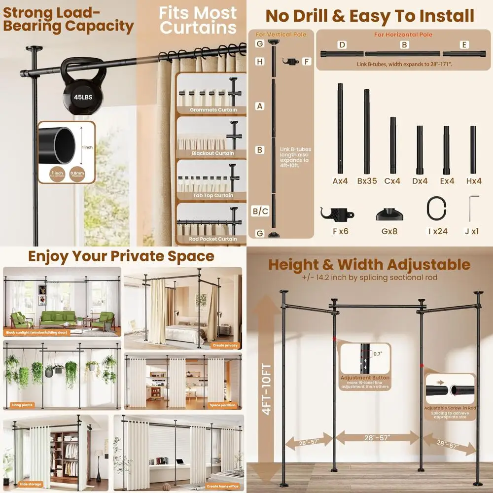

Adjustable Heavy Duty Tension Curtain Rod for Room Separation, 28-171 Wide, 4-10ft High, No Drilling Needed, Black Privacy Divid