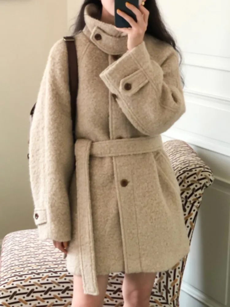 

With Waistband Lambs Wool Coat For Women Long Sleeve Single Breasted Pink Outwears Jacket 2023 Autumn Winter New X409