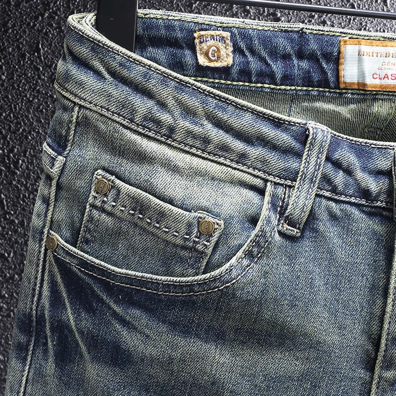 Jeans rétro bleus déFlexpour hommes, coupe couvertes élastique, imprimé ondulé, style italien, créateur de mode