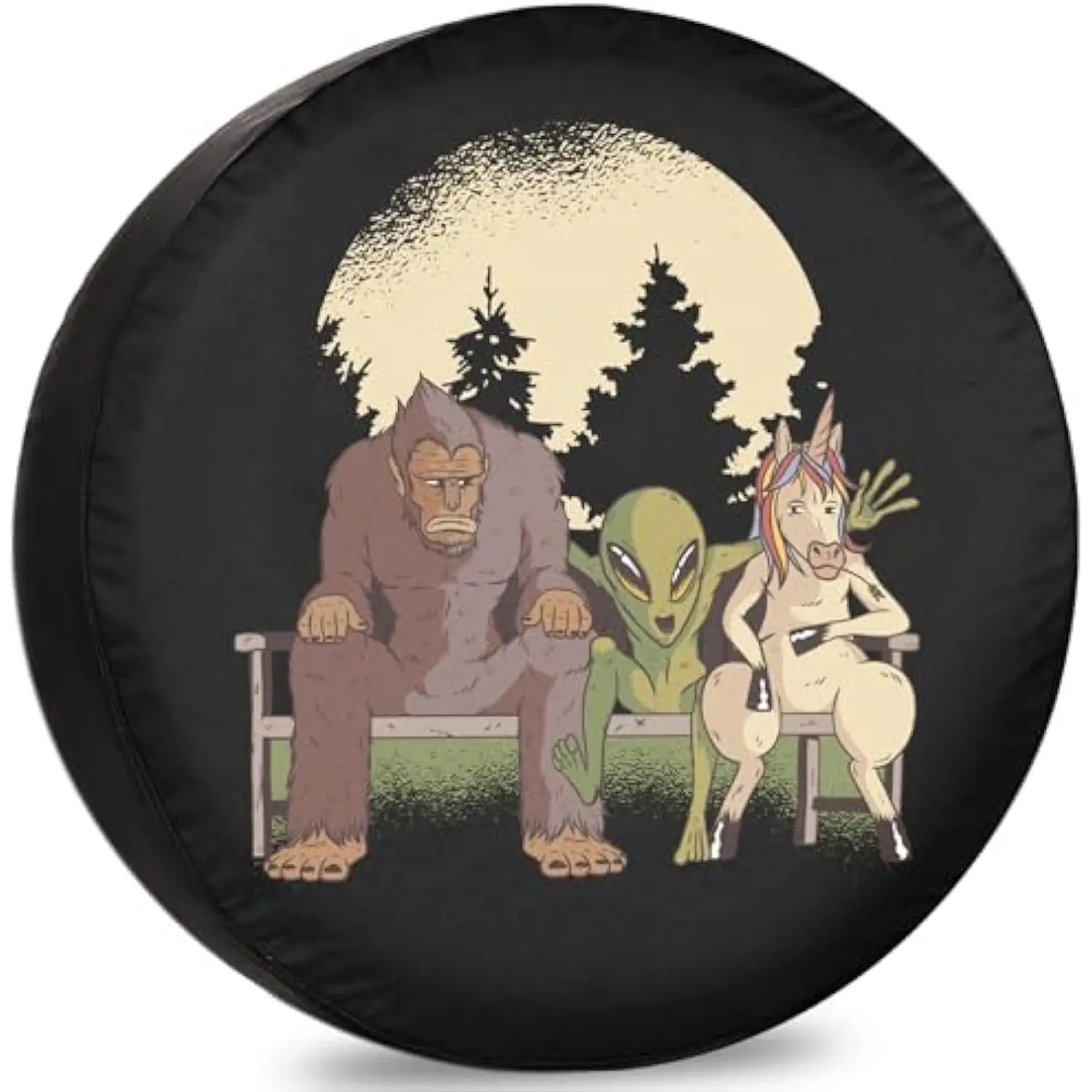 

Bigfoot Alien Unicorn Sitting On Bench Tire Cover Durable Sunproof Spare Wheel Protector for RV SUV Trailer