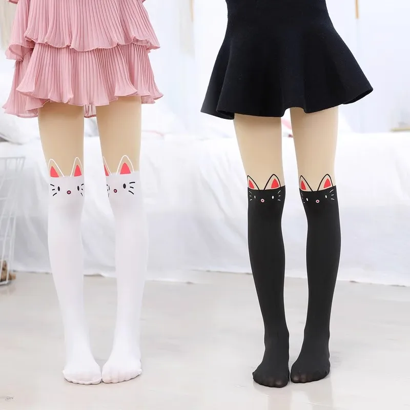 Sweet Baby girl Kawaii tights kitten Cartoon Printed Princess Kids Pantyhose Cat Stripe Knee lovely Tattoo dance Stockings