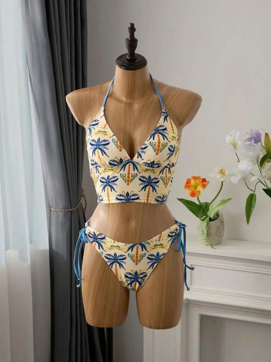 

Cream Yellow Tropical Palm And Floral Halter Bikini With Blue Adjustable Straps And Side-Tie Bottoms, Boho Summer Swimwear Set
