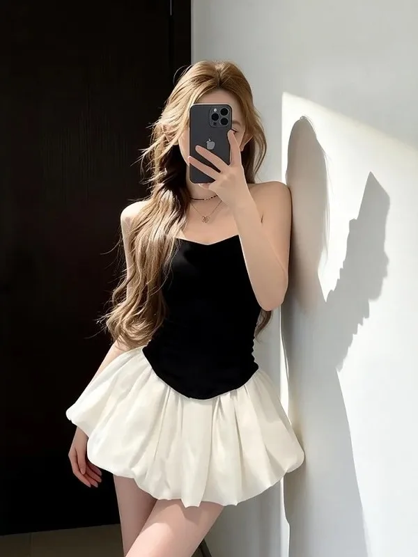 

Sexy Spicy Girl Black 3D Fishbone Tube Top Vest Women Spring Summer Small Size White Puffy Half Skirt Two Piece Set
