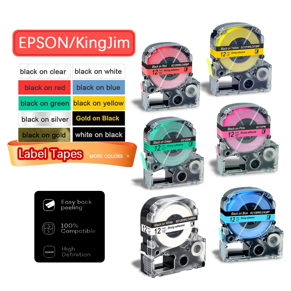 12mm Label Tape SS12KW ST12KW SC12RW SC12GW Compatible Epson Lw400 LK-4WBN Cartridges Label Works LW-300 400 500 700 Label Maker