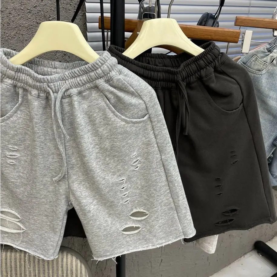 2025 Summer Children\'s New Korean Style Elastic Waisted Ripped Pants Handsome Boys\' Versatile Loose Wide Leg Pant Shorts
