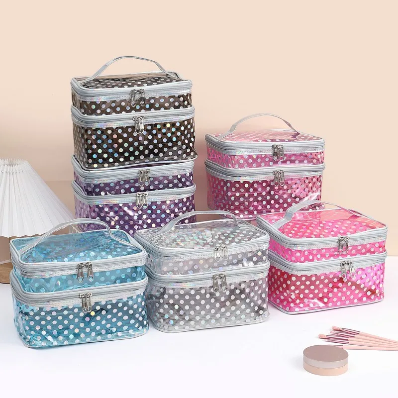 Polka dot transparent PVC double layer makeup bag Multi-functional portable waterproof makeup case large capacity travel storage