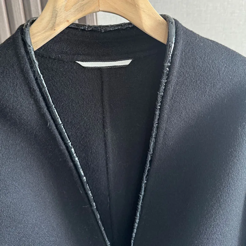 HKSH Herbst Winter Neue frauen Doppelseitige Kaschmir Mantel Patchwork PU Leder Taschen V-ausschnitt Ins Kurze Dicke Jacke HK15968