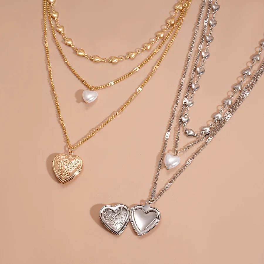 Multi-Layer Openable Heart Metal Pendant Necklaces for Women Imitation Pearl Classic Thin Chains Necklace Trendy Party Jewelry