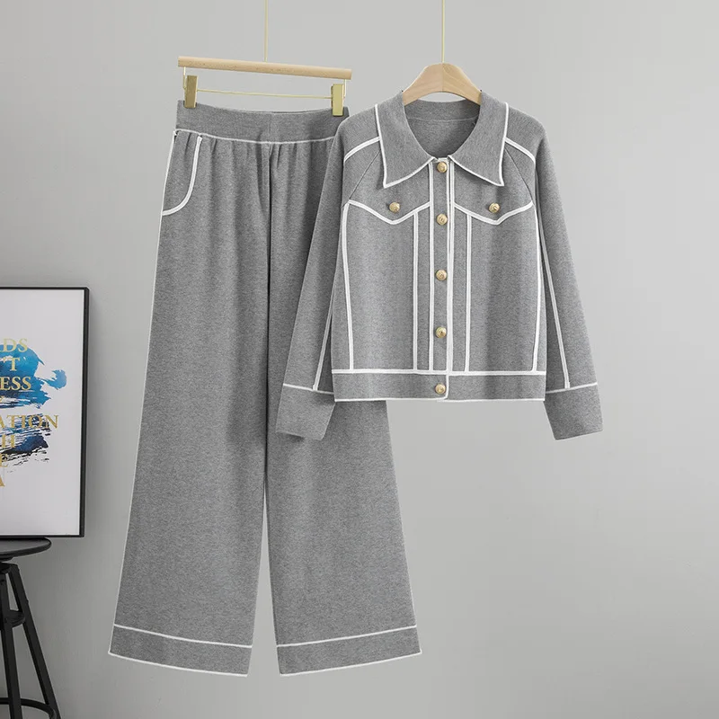 

Новый женский весенне-осенний комплект: свитер с французским воротником-поло и модный вязаный кардиган с отложным воротником, комплект из двух предметов