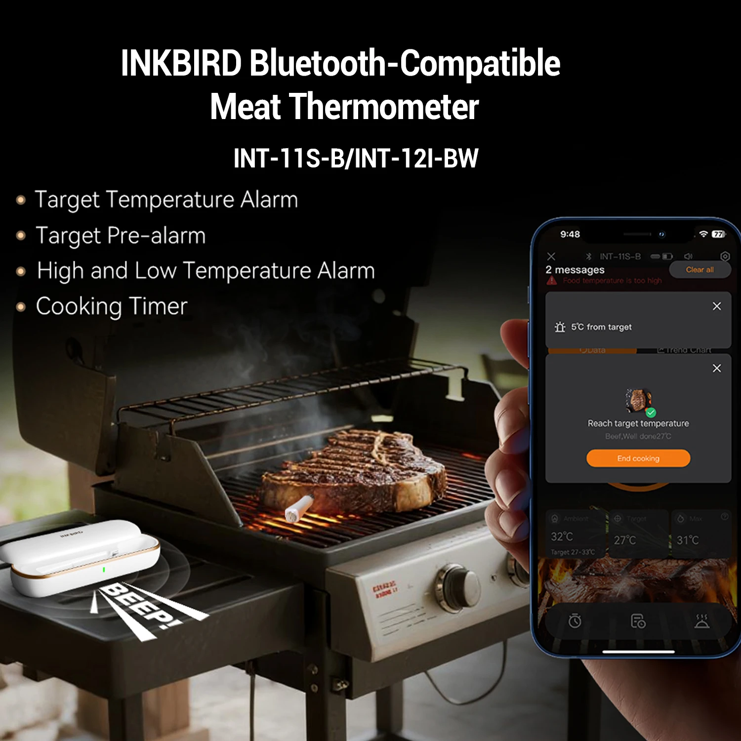 INKBIRD Smart Digital Meat Thermometer with 1-Probe/2-Probes IP67 Waterproof Thermometer Ideal for BBQ Cooking Grilling Smoking