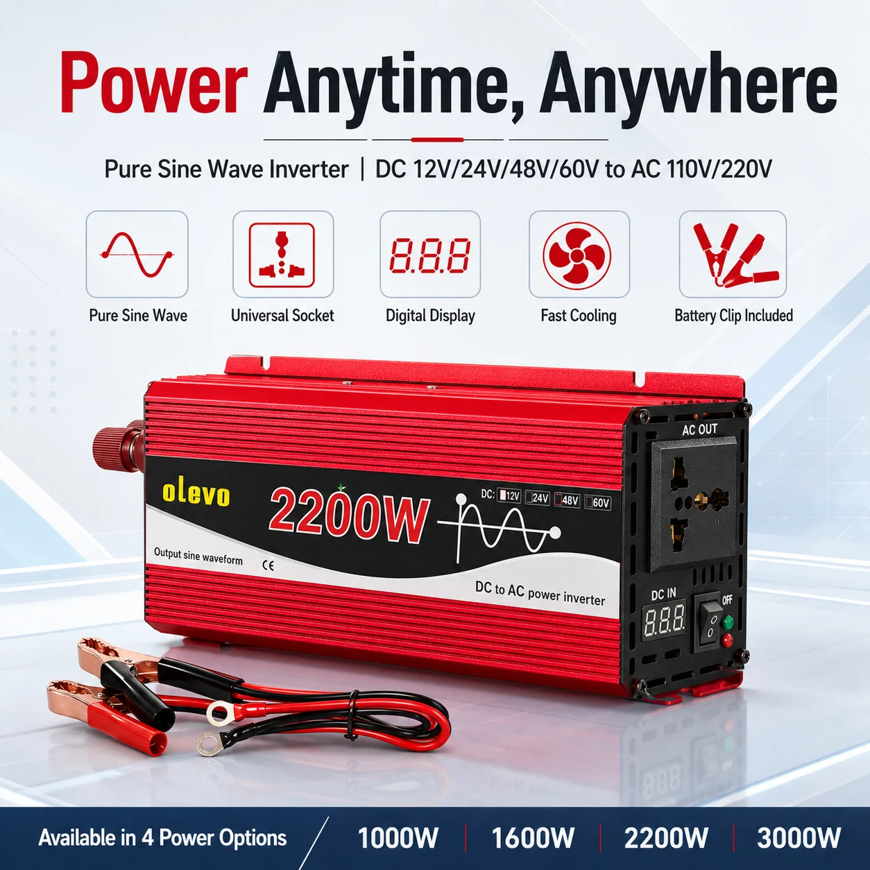 

Pure Sine Wave Power Inverter 1000W-3000W Peak DC 12V/24V/48V/60V to AC 220V Car Power Converter with Universal Socket