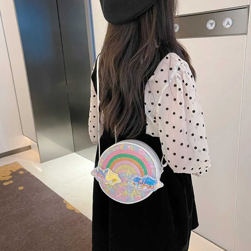 Korean Version of The Laser Round Bag 2023 New Children\'s Shoulder Bag Cartoon Rainbow Sequin Crossbody Bags