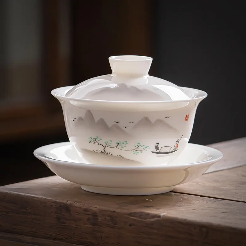 Pure Hand-painted Dehua Suet Jade White Porcelain Sancai Cover Bowl Bright Light Ceramic Teahouse Club Tea Tasting Bowl