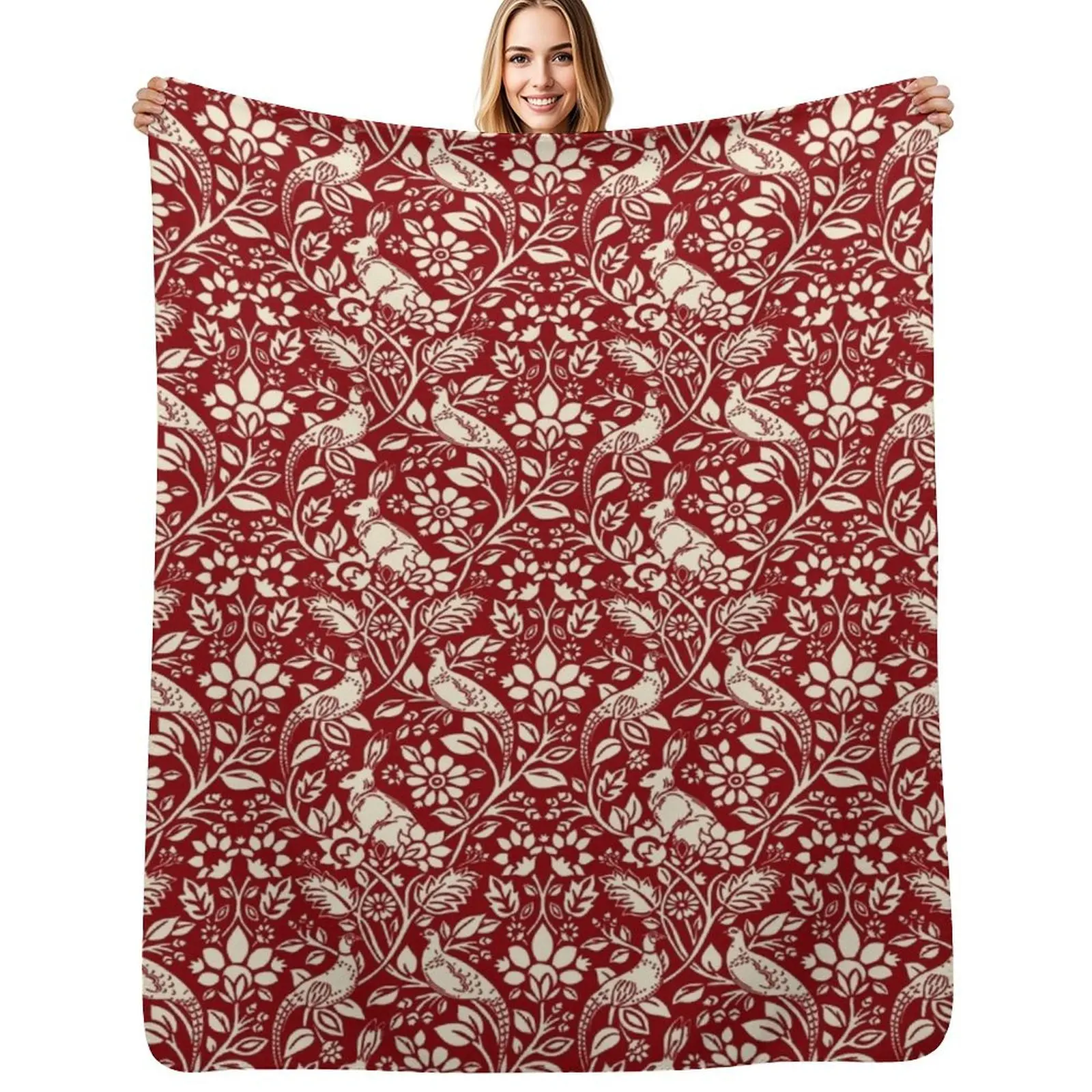 

Pheasant and Hare Pattern, Deep Red and Cream Throw Blanket Large Polar Thin Flannel Blankets