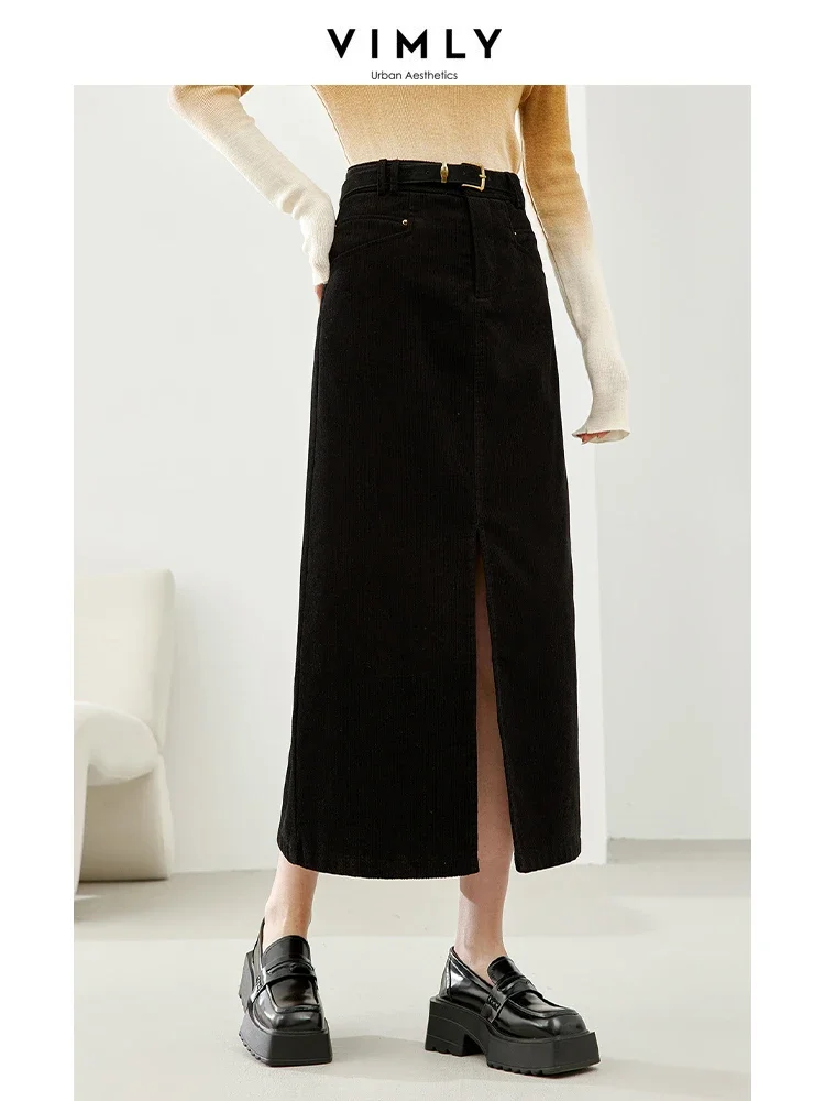 Vimly Black Corduroy Maxi Skirt 2023 Winter New Thick Straight Split Long Skirts Elegant Office Lady Solid Female Clothing M5820