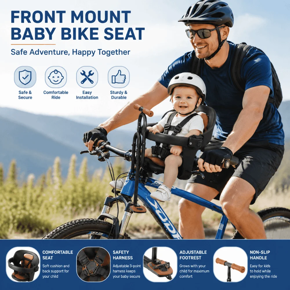 Front-Mounted Child Safety Seat Armrest Padded Child Bicycle Seat Adjustable Pedal Front Child Seat for MTB Mountain Bikes
