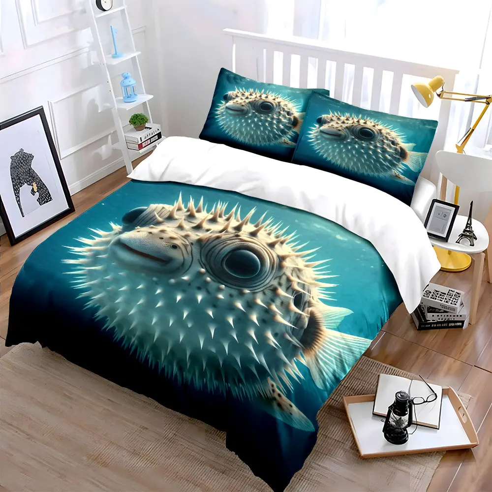 Spiky pufferfish in clear water Duvet Cover Set with 3D Printing Design Soft Polyester Bedding Set All-Season Comfort 2