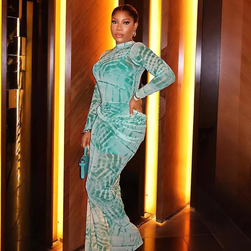 Doyerl maille pure à manches longues moulante robe Maxi femmes vêtements drapé extensible imprimé élégant boîte de nuit robes de soirée robes