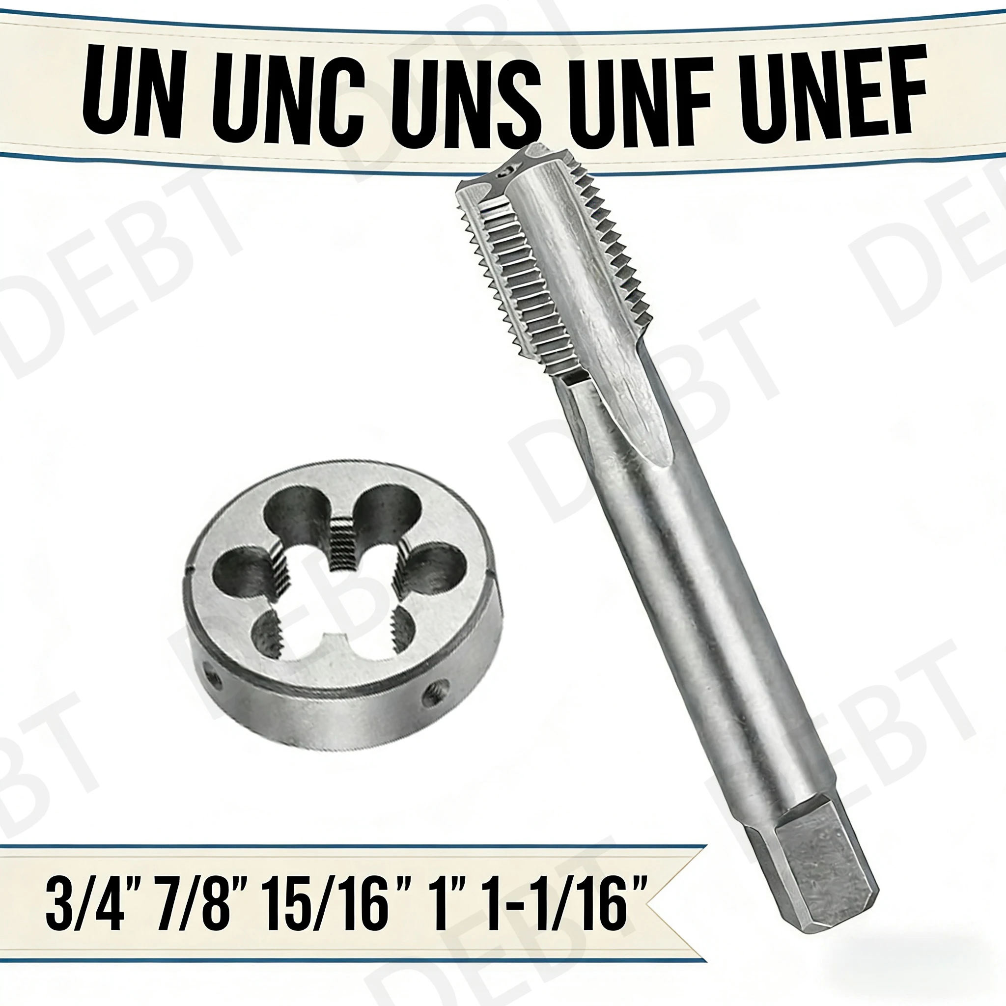 

Набор американских метчиков и плашек SAE 3/4" 13/16" 7/8" 15/16" 1" 1-1/16" дюймов, стандарты UN UNC UNF UNS UNEF, правосторонние, 1 комплект