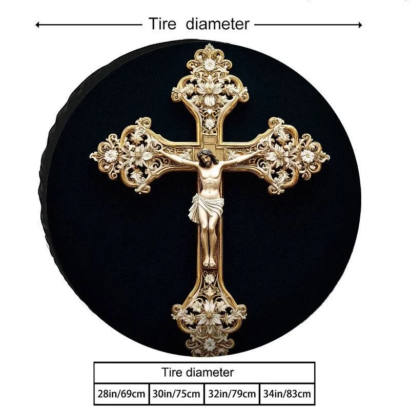 Ornate Crucifix Spare Tire Cover Golden Floral Design Polyester Durable Wheel Protector
